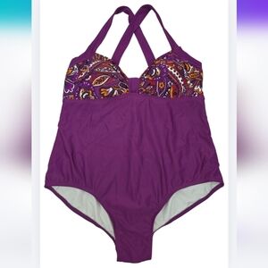Catalina 2X 18W-20W Purple Paisley-Trim One-Piece Swimsuit 3389-Z